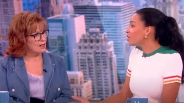 Wales Bonner Striped ribbed-knit T-shirt worn by Aurora James as seen in The View on May 10, 2023