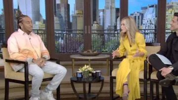 Who Decides War Pink & Orange Sunset Denim Shirt worn by Ludacris as seen in LIVE with Kelly and Mark on May 11, 2023