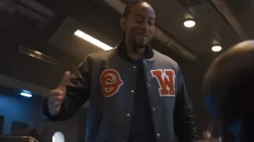 Off-White patchwork varsity jacket in Grey worn by Tej (Ludacris) as seen in Fast X