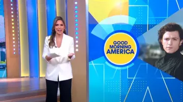 Alice + Olivia Denny Longline Satin Boyfriend Blazer worn by Rhiannon Ally as seen in Good Morning America on May 12, 2023