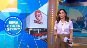 Maje Micro Checked Knit Polo worn by Rebecca Jarvis as seen in Good Morning America on May 16, 2023