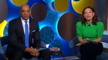 Alice + Olivia Chase Cable-Knit Puff-Sleeve Sweater worn by Eva Pilgrim as seen in Good Morning America on May 18, 2023