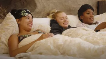 Chelsea Peers Premium Satin Cami and Short Set with Eyemask and Scrunchie in Navy jungle Print-Black worn by Danielle Olivera as seen in Summer House (S07E14)