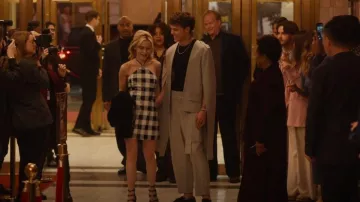 Carolina herrera Se­quin-em­bell­ished Checked Dress worn by Kiernan Shipka as seen in The Other Two (S03E05)