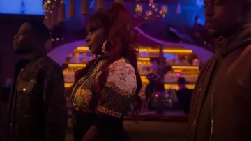 Fendi Fendace Mul­ti­colour Silk Jack­et worn by Monet (Mary J. Blige) as seen in Power Book II: Ghost (S03E07)