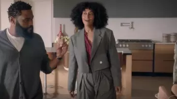 Acne Studios Cropped Asymmetric Striped Blazer worn by Rainbow Johnson (Tracee Ellis Ross) as seen in black-ish (S08E13)