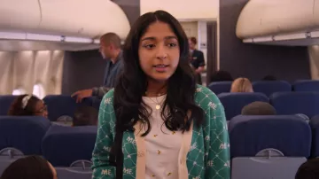 Melody Ehsani Monogram Knit Cardigan in Green worn by Devi Vishwakumar (Maitreyi Ramakrishnan) as seen in Never Have I Ever (S04E05)