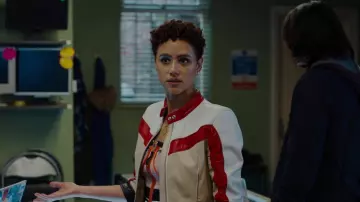 Diesel white and red leather jacket worn by Ramsey (Nathalie Emmanuel) as seen in Fast X