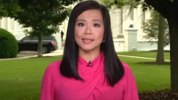 Shein Unity Cross Wrap Front Bishop Sleeve Top usado por Weijia Jiang como se ve en CBS Mornings el 8 de junio de 2023