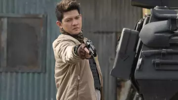 Beige bomber jacket worn by Rahmat (Iko Uwais) as seen in Expend4bles
