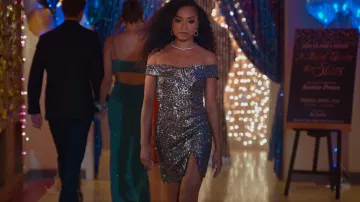 Lulus Once In A Lifetime Silver Sequin Off The Shoulder Mini Dress worn by Ms. Thompson (Genneya Walton) as seen in Never Have I Ever (S04E09)