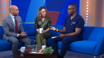 Frame Gillian Stretch Silk Blouse In Green worn by Eva Pilgrim as seen in Good Morning America on June 14, 2023