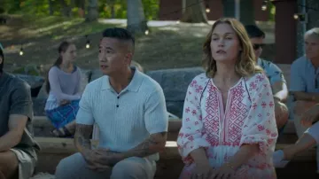 Maje Rolipa Embroidery Cotton Baby-Doll Dress worn by Maisy-May (Julia Stiles) as seen in The Lake (S01E05)