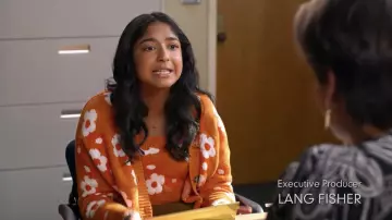 Callahan Meg Orange and white flowers cardigan and top set worn by Devi Vishwakumar (Maitreyi Ramakrishnan) in Never Have I Ever (Season 4 Episode 8)