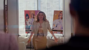 Herve Leger Gold Bandage Mini Dress worn by Madolyn Addison (Kim Cattrall) as seen in Glamorous (S01E06)