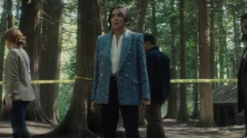 Maje Volly Double-Breasted Tweed Cotton-Blend Blazer In Blue worn by Bess Marvin (Maddison Jaizani) as seen in Nancy Drew (S04E05)
