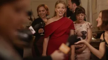 Badgley Mischka Draped One-Shoul­der Gown worn by Brooke Dubek (Heléne Yorke) as seen in The Other Two (S03E10)