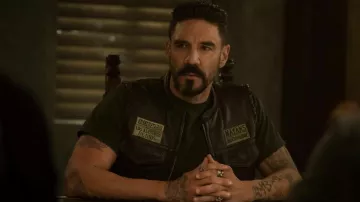 El Secretario Mayans MC leather vest jacket worn by Angel Reyes (Clayton Cardenas) as seen in Mayans M.C. (S05E02)