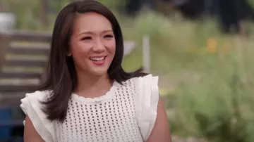 GAP Flutter Sleeve Crochet Sweater worn by Nancy Chen as seen in CBS Mornings  on July 6, 2023