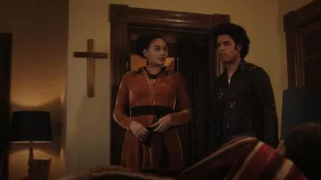 Urban Outfitters Nellie Ruched Velvet Shirt Dress In Orange worn by Angela (Savannah Basley) as seen in Reginald the Vampire (S01E04)