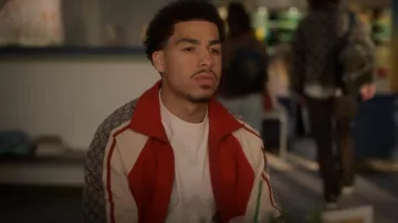 Gucci Red & Off-White Oversized Jersey Jacket worn by Andre Johnson, Jr. (Marcus Scribner) as seen in grown-ish (S06E03)