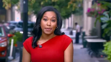 L.K. Bennett Ire Fit and flare Dress worn by Rachel Scott as seen in Good Morning America on  July 17, 2023