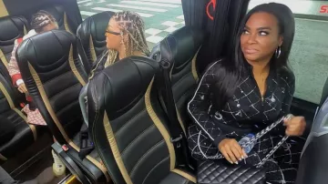 The Little Connection Ladies Fashion Spring Digital Letter Print Zipper Slim Fit Jumpsuit worn by Kenya Moore as seen in The Real Housewives of Atlanta (S15E10)