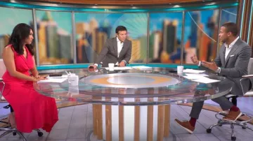 Vestido de Reiss Claire usado por Nancy Chen visto en CBS Mornings el 16 de julio de 2023