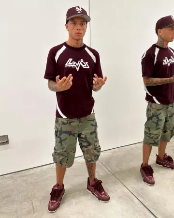 Louis Vuitton Burgundy LV Skate Sneakers worn by Central Cee on his Instagram account @centralcee