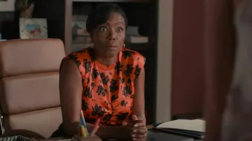 Ganni Or­ange & Black Silk Stretch Satin Top worn by Helen Decatur (Heather Headley) as seen in Sweet Magnolias (S03E04)