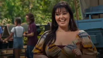 Ranna Gill Tie-Back Jumpsuit in Yellow Motif worn by Lou Hockhauser (Miranda May) as seen in BUNK'D (S06E27)