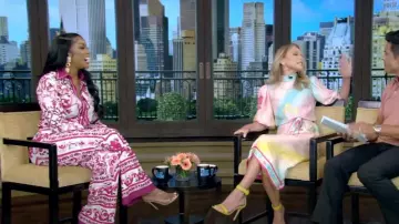 Dolce And Gabbana Majolica-Print Flare-Leg Lycra Pants worn by Porsha Williams as seen in LIVE with Kelly and Mark on  July 24, 2023