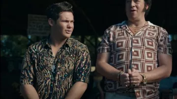 Saint Laurent Tiger-Print Metallic Dot Silk Shirt worn by Kelvin Gemstone (Adam DeVine) as seen in The Righteous Gemstones (S03E07)