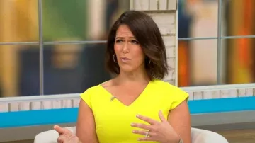 Karen Millen Asymmetric Hem Detail Cap Sleeve Dress in Lime worn by Dana Jacobson as seen in CBS Mornings on July 24, 2023