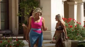 Versace Underwear Pink Greca One-Piece Swimsuit worn by Gina Kirschenheiter as seen in The Real Housewives of Orange County (S17E08)