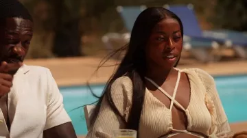 Pretty Little Thing Cream Pleated Lace Up Frill Long Sleeve Crop Top worn by Catherine Agbaje as seen in Love Island: Aftersun (S10E06)