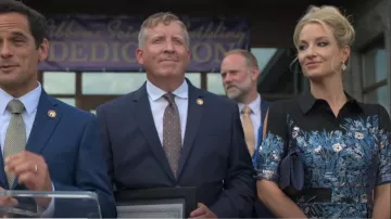 Teri Jon by Rickie Freeman Metallic Floral Fit-&-Flare Dress worn by Meg Bailey (Tessa Ferrer) as seen in Swagger (S02E02)