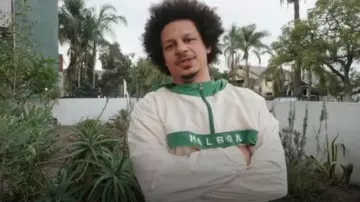 Malbon Golf Nylon Street Style Jacket In Green & White worn by Eric Andre as seen in The Prank Panel (S01E05)