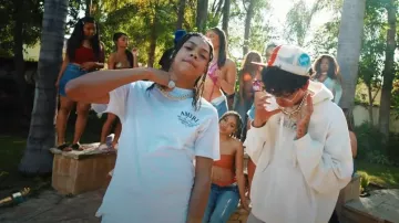 Amiri White Arts District T-Shirt worn by Sugarhill Ddot in 3am In The Yams Official Music Video with Luh Tyler
