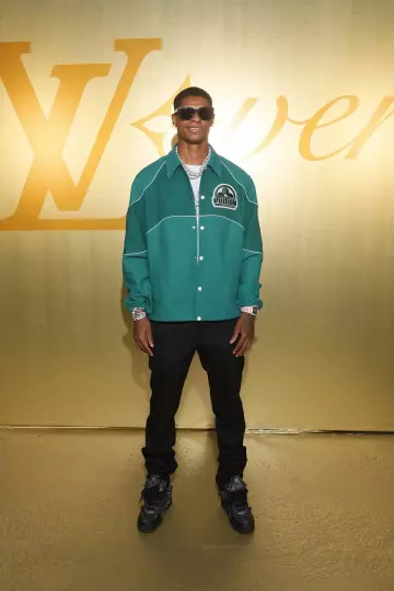 Louis Vuitton Green Logo Coaches Jacket worn by Marcus Rashford attending Louis  Vuitton Menswear Spring/Summer 2024 show