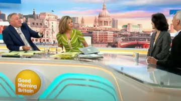 LK Bennett Holzer Green And Pink Chevron Stripe Silk Dress worn by Kate Garraway as seen in Good Morning Britain on August 1, 2023
