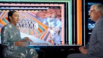 Self Portrait Sequin Asymmetric Midi Dress in blue worn by Katy Perry as seen in Good Morning America on August 4, 2023