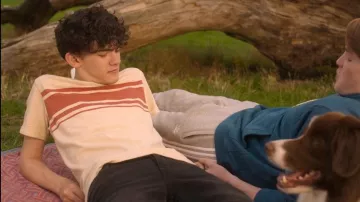 Celio Stripe T-shirt in Beige worn by Charlie Spring (Joe Locke) as seen in Heartstopper (S02E02)