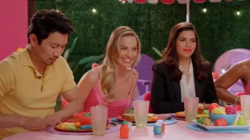 Versace Medusa Corset Enver Satin Crop Top worn by Margot Robbie as seen in Barbie Dreamhouse Challenge (S01E04)
