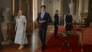 White Floral Midi Dress of Princess Beatrice (Ellie Bamber) in Red, White & Royal Blue