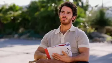King & Tuckfield Off-White & Tan Striped Polo Rib Knit Merino Wool Cardigan worn by Kevin Jonas as seen in Claim to Fame (S02E07)