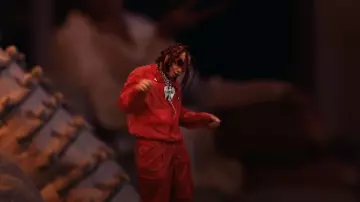 Salvatore Ferragamo Red Four Pock­et Ny­lon Jack­et worn by Trippie Redd in Closed Doors (Music Video) with Roddy Ricch