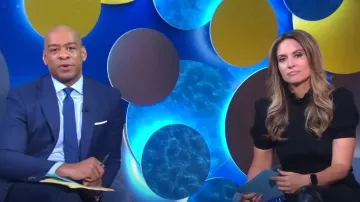 Alice + Olivia Chase Puff Sleeve Ruffle Neck Sweater worn by  Rhiannon Ally as seen in Good Morning America on August 16, 2023