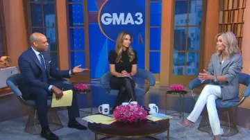 Alice + Olivia Amazing Vegan Leather Boyfriend Pant worn by Rhiannon Ally as seen in Good Morning America on August 16, 2023