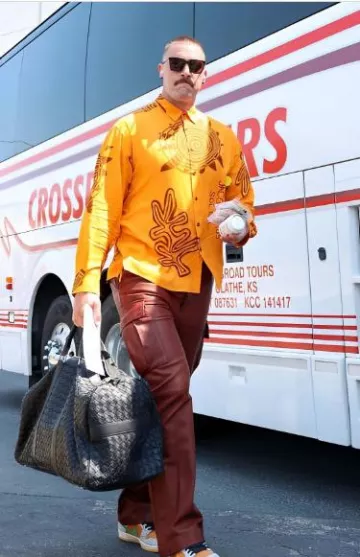 Amiri Brown Leather Flared Cargo Pants worn by Travis Kelce on the Instagram account @killatrav